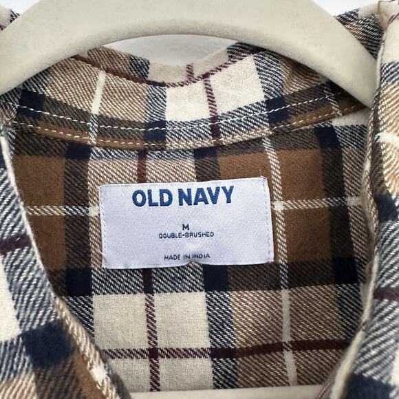 New Men’s Old Navy Double Brushed Button Down Flannel Brown Plaid Cotton Shacket - Picture 2 of 5
